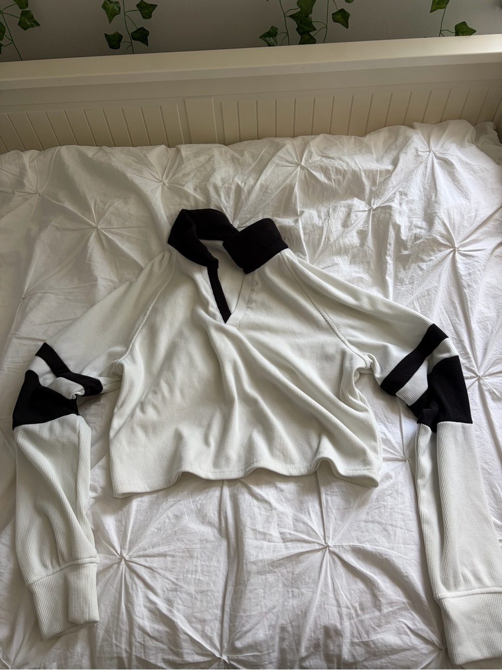 Cider White Cropped Long Sleeve Polo Top with Black Trim